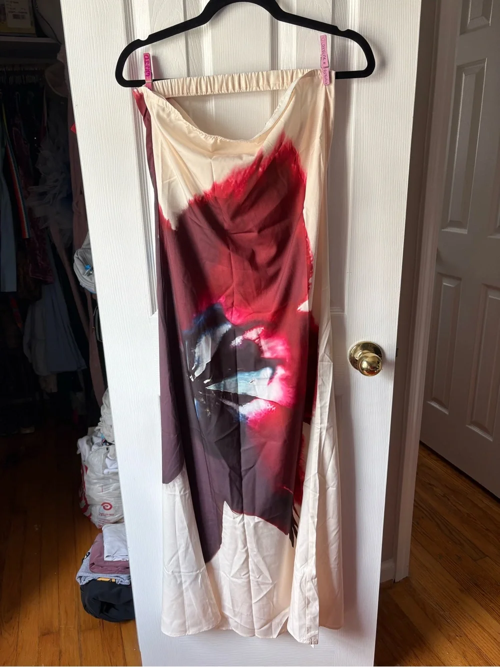 Commense Strapless Maxi Dress in Cream, Red and Deep Plum